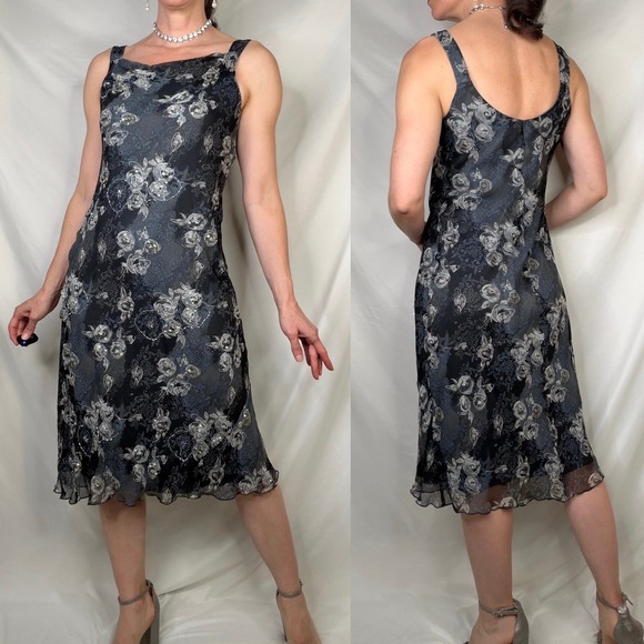 Vintage Y2K fairy Floral print beaded sequin slip‎ dress midi Jonathan Martin M - Picture 13 of 14